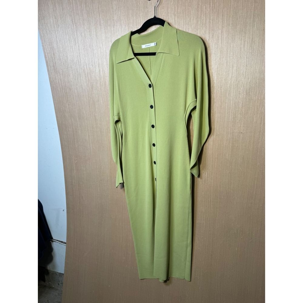 MOUSSY Lime Green Button Front Knit Midi Dress Size 1 Collared Long Sleeve